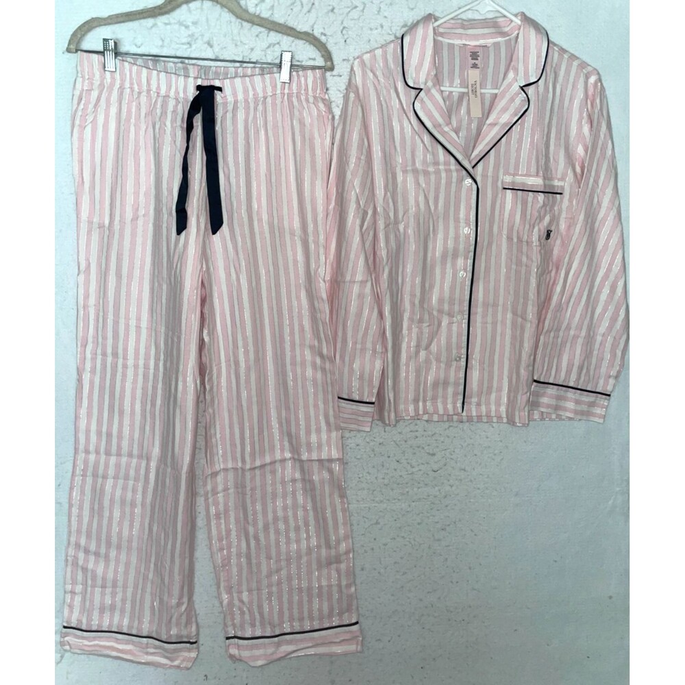 Victoria Secret Flannel Pajama Set PJ sz M Pant Long sleeve button Pink Striped